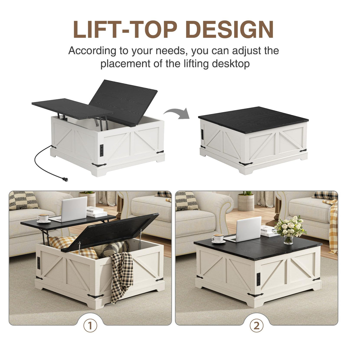 Vabches 31.5" Lift Top Coffee Table with Storage, Farmhouse Square Coffee Tables for Living Room, Center Table with Charging Station and Hidden Space, White Vabches