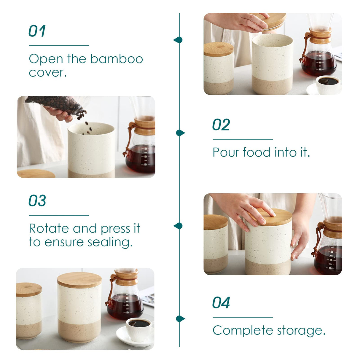 vancasso Sabine Canister Sets for Kitchen, Ceramic Kitchen Canisters for Countertop with Airtight Wood Lids, Large Flour and Sugar Containers for Coffee, Tea, Spice (Set of 3) vancasso