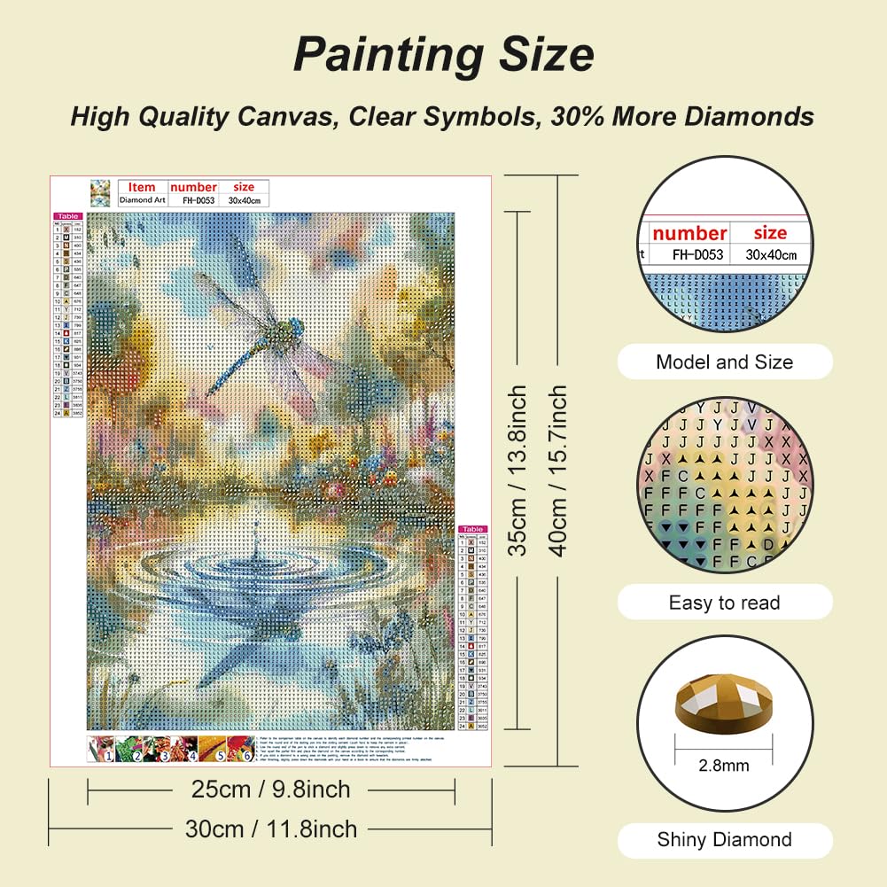 FHBUBPUP Dragonfly Diamond Painting Kits for Adults, Lake Landscape Diamond Art for Beginners, 5D DIY Full Drill Round Gem Art Craft Home Wall Decor Gift 12x16 inch FHBUBPUP