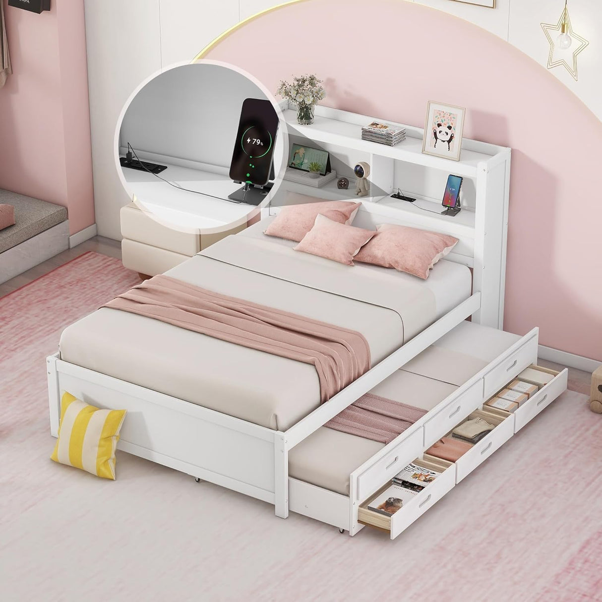 Harper & Bright Designs Full Size Bed with Bookcase Headboard, Wooden Full Size Platform Bed with Trundle and Storage Drawers,Full Storage Bed with USB Ports Outlets for Kids Girls Boys, White Harper & Bright Designs