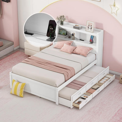 Harper & Bright Designs Full Size Bed with Bookcase Headboard, Wooden Full Size Platform Bed with Trundle and Storage Drawers,Full Storage Bed with USB Ports Outlets for Kids Girls Boys, White