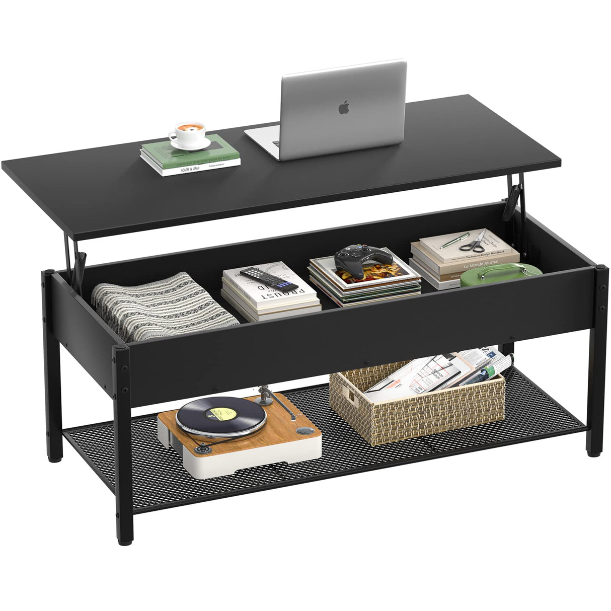 Homieasy Coffee Table, Lift Top Coffee Table with Storage Shelf and Hidden Compartment, Modern Lift Top Table for Living Room, Wood Lift Tabletop, Metal Frame - Black Homieasy