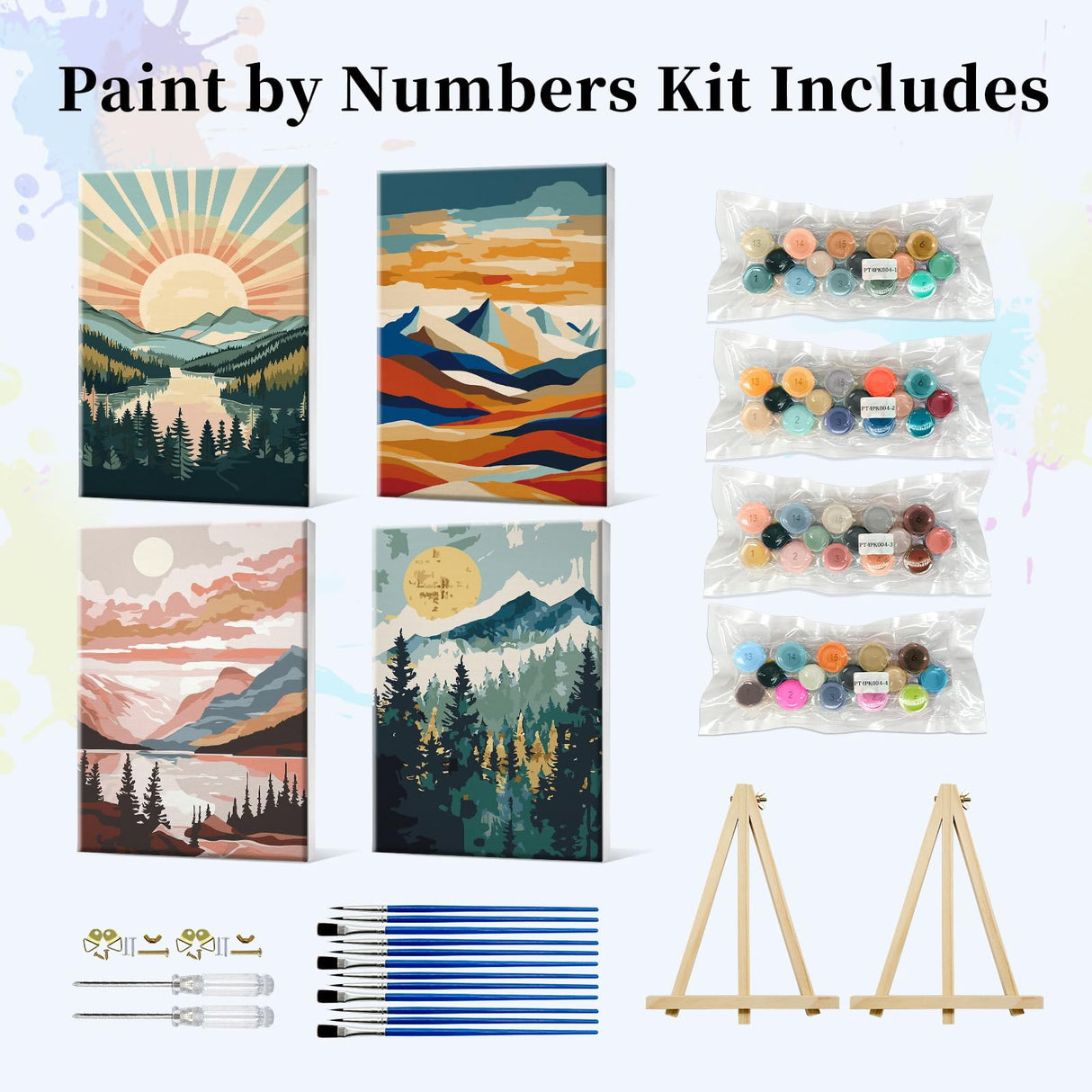 JOOZ 4 Pack Framed Paint by Numbers Kit for Adults, Mountain Sunset Paint by Number with Easel, Forest Lake Adult Paint by Number Kits on Canvas, Landscape Oil Painting Kit for Home Decor 8x12 Inch JOOZ