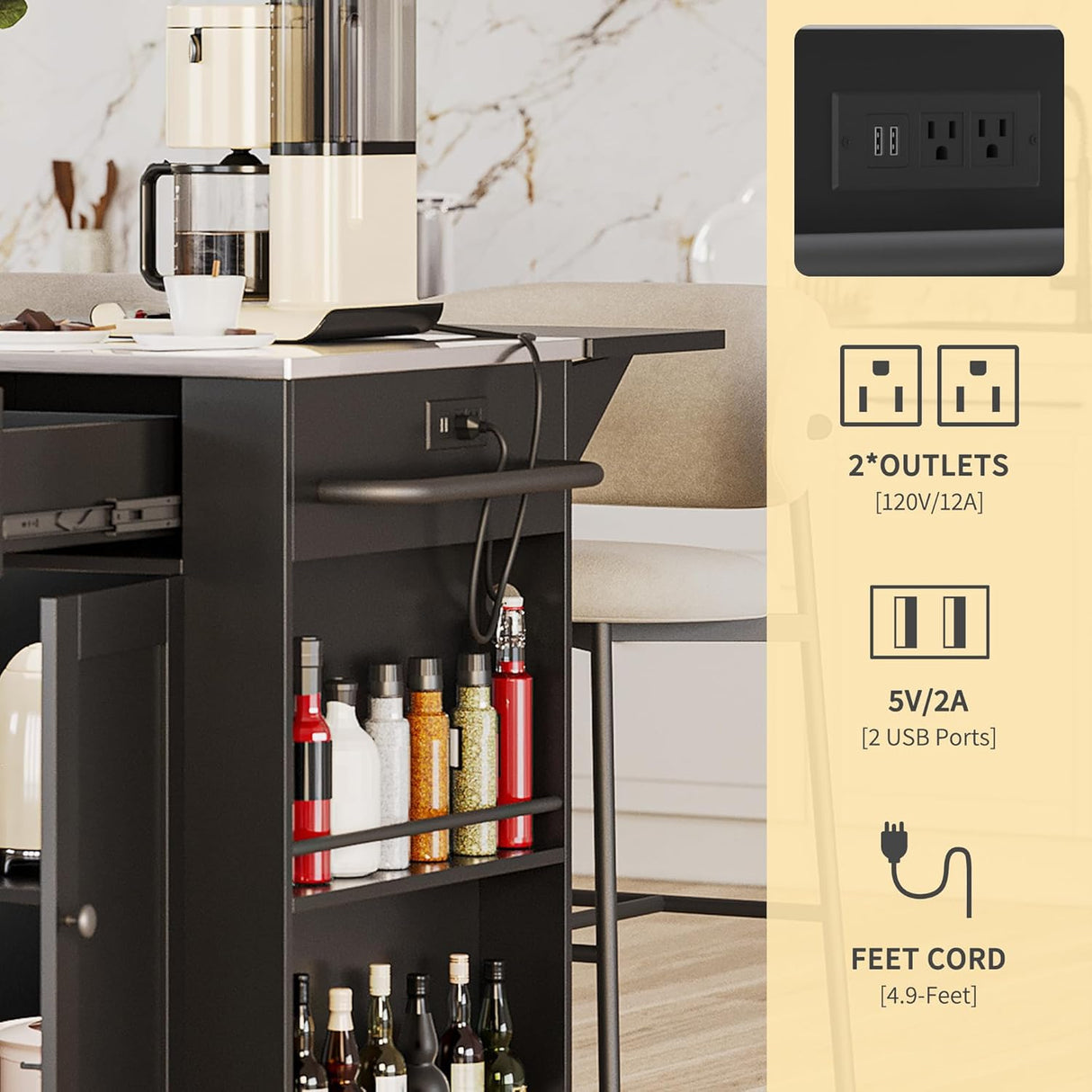 DWVO Kitchen Island w Stainless Steel Top Drop Leaf Bar Seating Power Outlet, 60" Large Rolling Mobile Center Islands w Folding Dropleaf Storage Drawer Cabinet Wheel Counter Height Metal Top, Black DWVO