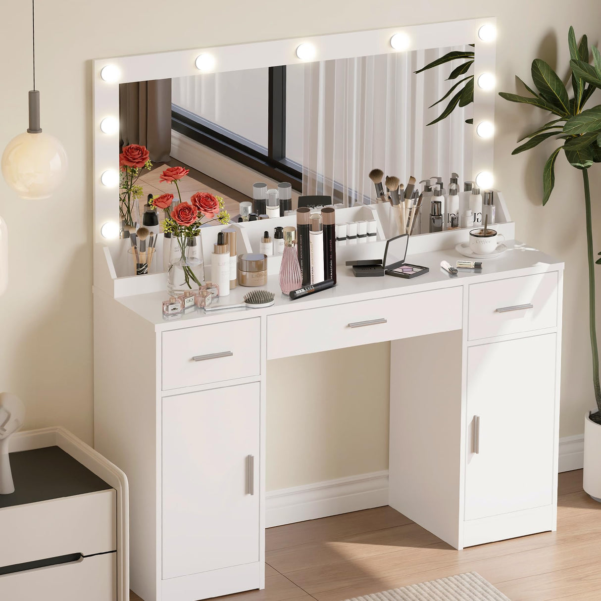 MIRROTOWEL 47.5” Vanity Desk with Large Mirror, 3 Colour Lighting Modes, Adjustable Brightness, Dresser with 3 Drawers & 2 Vertical Cabinets, Makeup Vanity Table for Women Girls White MIRROTOWEL