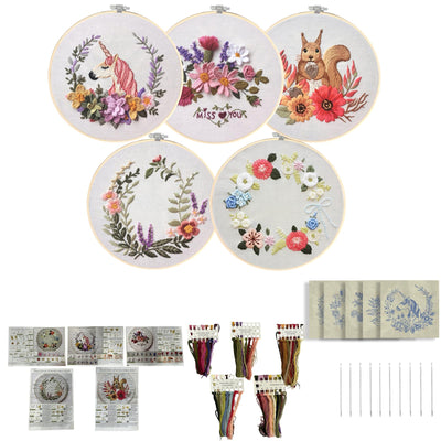 GOGLAM Embroidery Kit for Beginners, 5 Set Embroidery Starter Kit Flowers for Adults, DIY Punch Needle Kit with Flower Wreath Animal Pattern, Hoop, Needle, Hand Embroidery Kit