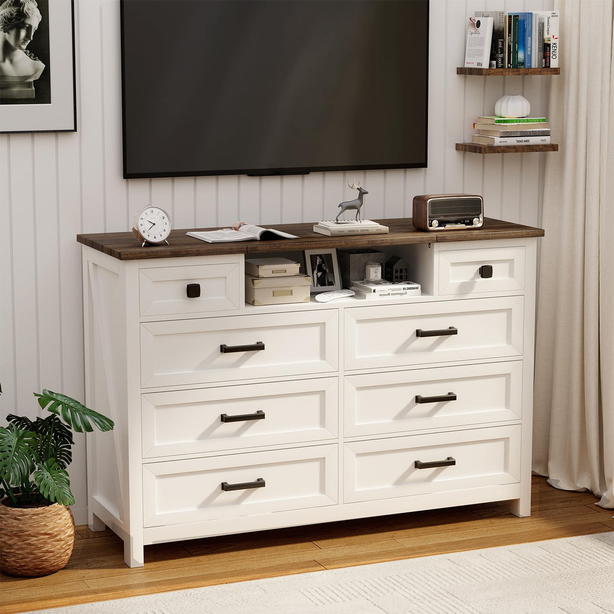 BROTTAR Dresser with Mirror for Bedroom, Chest of Drawers with LED Mirror, 8 Drawer Dresser with Charging Station, White Kids Dressers, Farmhouse Makeup Vanity with Storage for Bedroom BROTTAR
