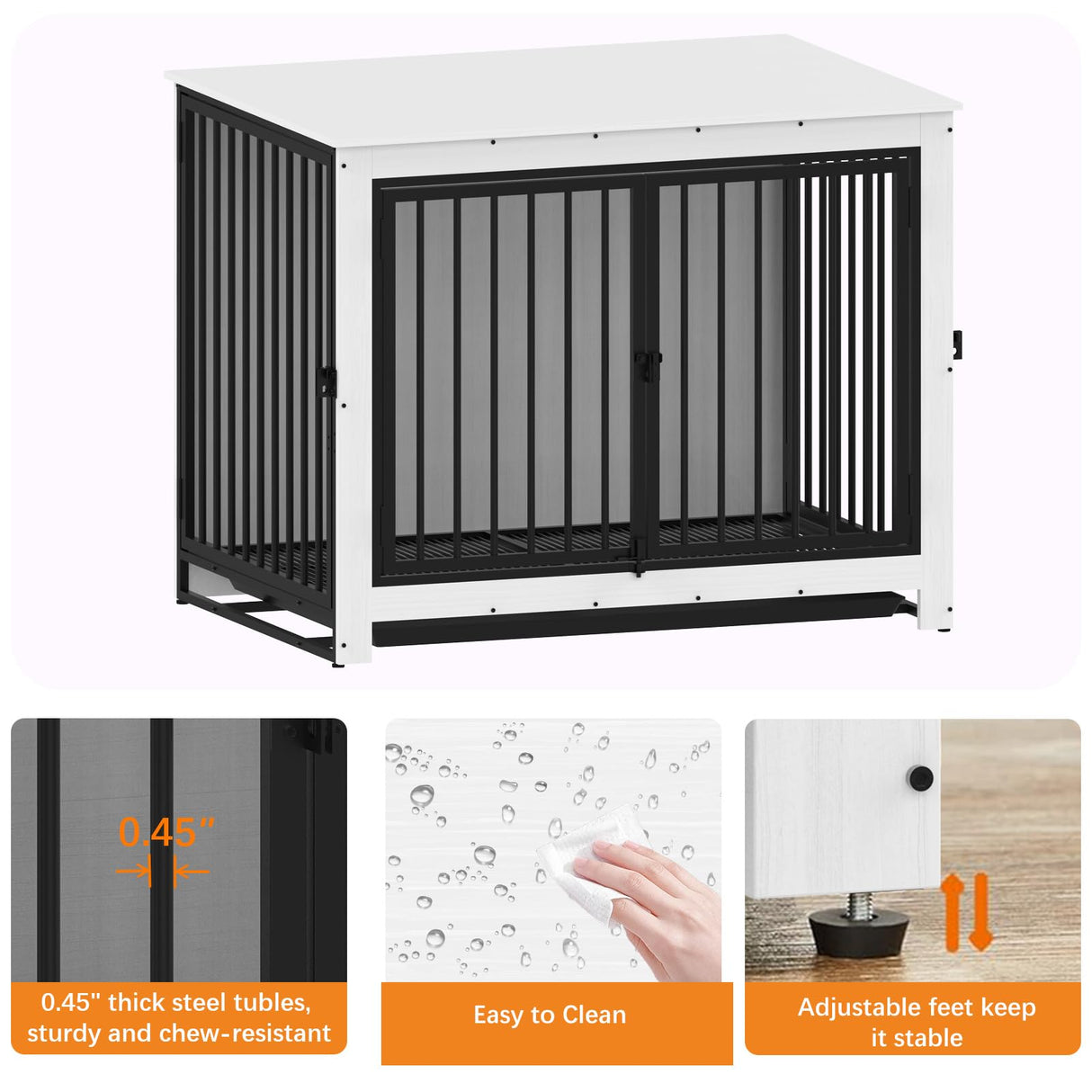 Derfullo Dog Crate Furniture, Large Dog Crate Furniture, Wooden Cage Kennel Furniture Indoor, Modern Dog Crate with Multi-Purpose Removable Tray, Double-Doors Dog Furniture, End table dog crate, White Derfullo
