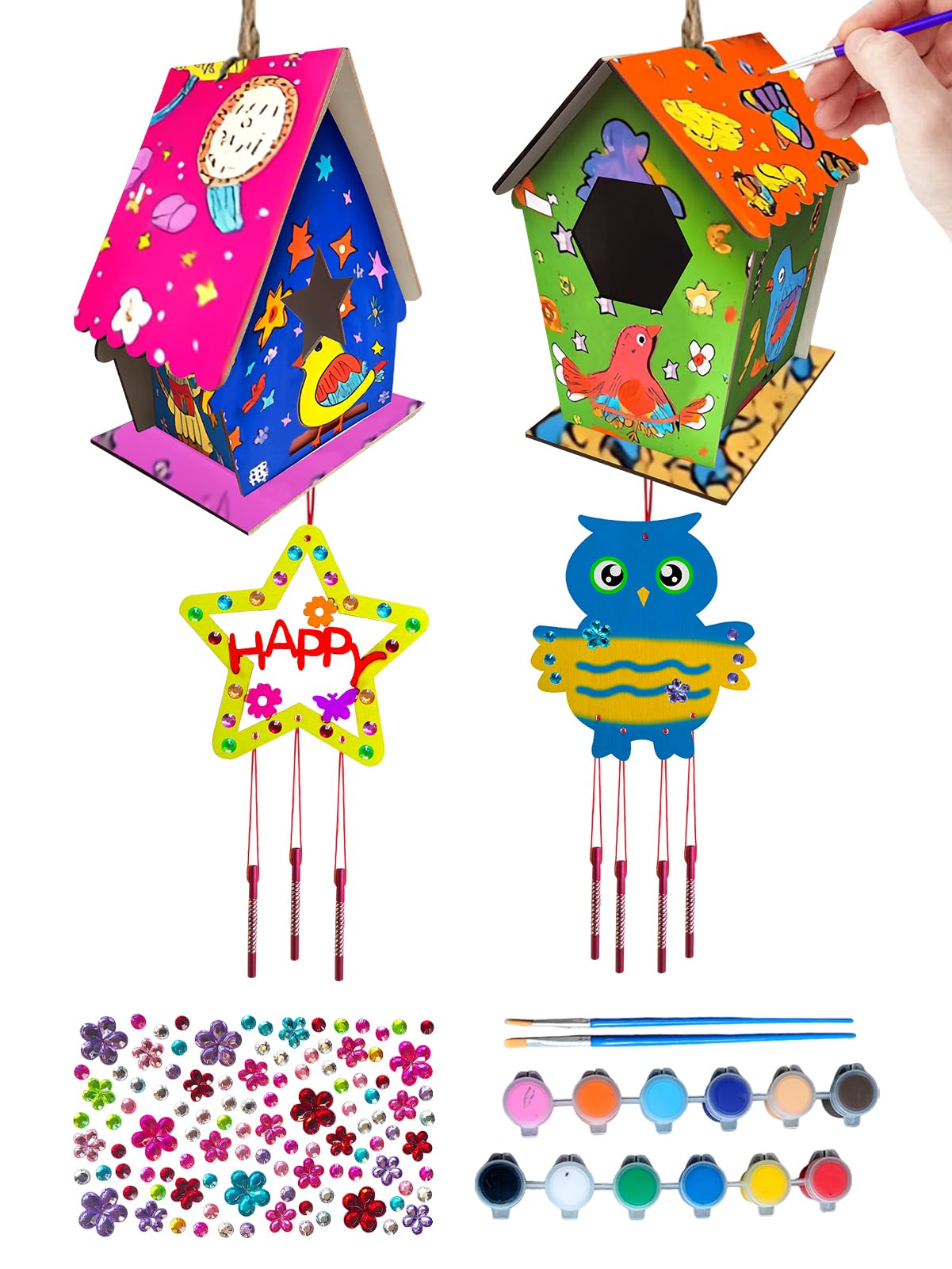 Nsoicrac Bird House Kits for Kids Ages 4-8build a Birdhouse kit for Kids, 4 Pack Birdhouse kit (Includes Paints & Brushes&Jewels and Wind Chimes) Bird House Kits for Kids Ages 8-12,Easter Crafts Nsoicrac