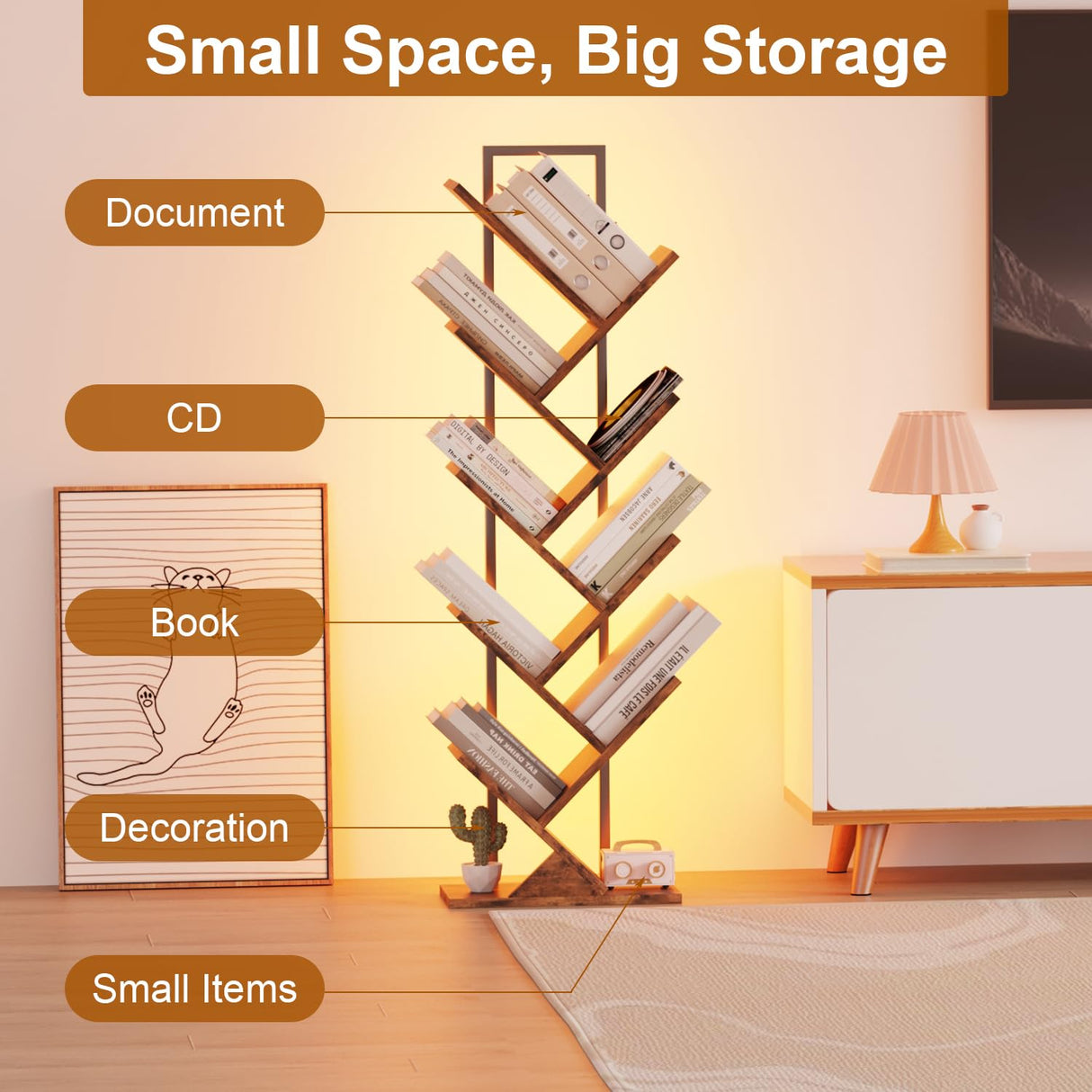 Qupui Tree Bookshelf with LED Lights, 9 Tier Floor Standing Bookcase, Classical Corner Bookshelf Kids Bookshelf, Tall Bookshelf, Wood Book Shelf for Bedroom, Living Room, Home Office, Brown Qupui