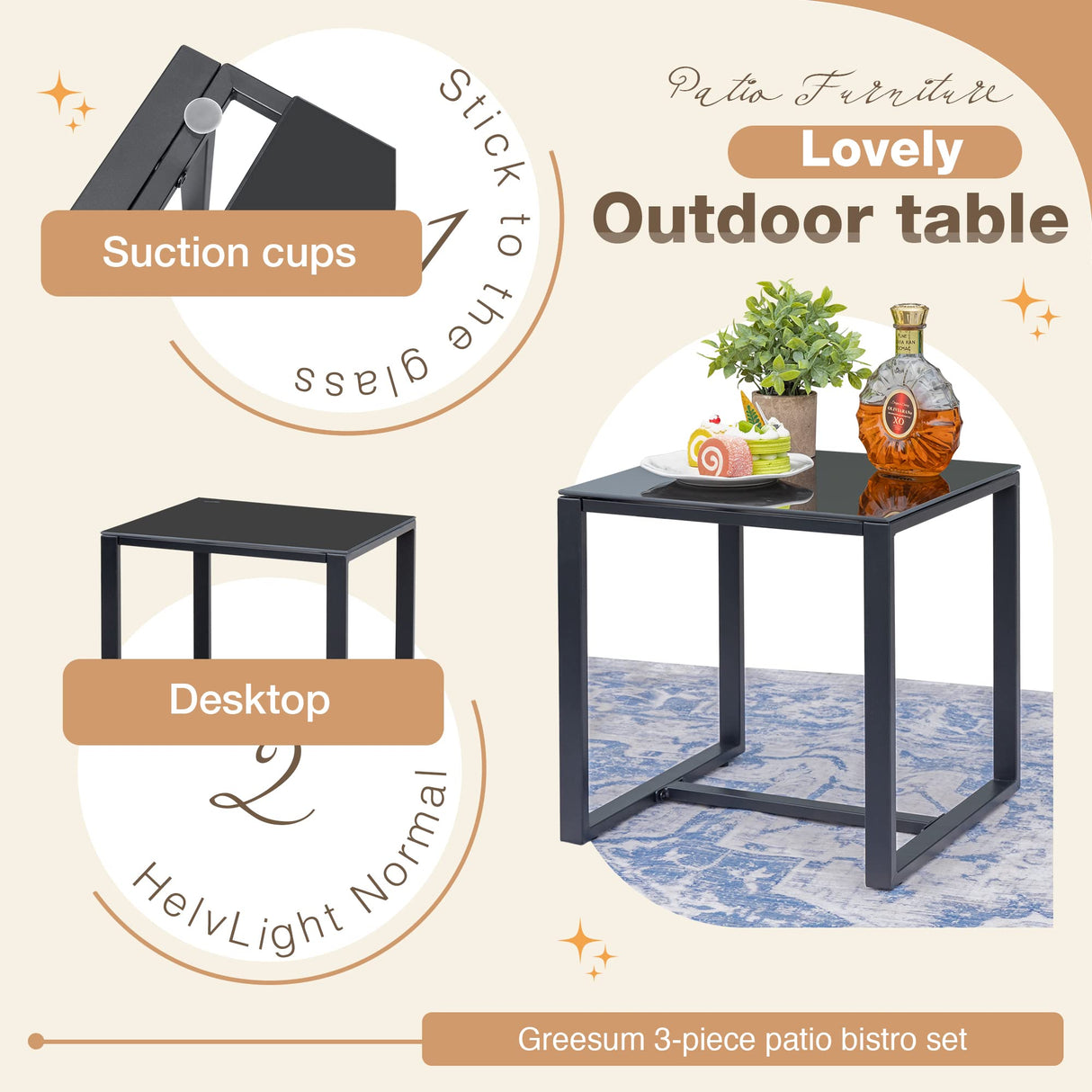 Greesum 3 Pieces Outdoor Furniture Set Patio Bistro Rocking Chairs with Glass Coffee Table for Pool Beach Backyard Balcony Porch Deck Garden, Black Greesum