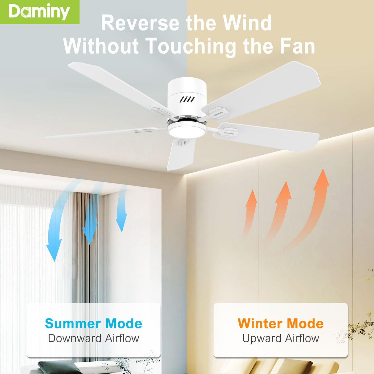 DAMINY 52 inch 5 Blades White Ceiling Fans with Lights,Flush Mount,6CCT, Low Profile Ceiling Fan with Light and Remote Control,DC Motor,Ceiling Fan for Bedroom, Kitchen,Living Room,Indoor/Outdoor Use DAMINY