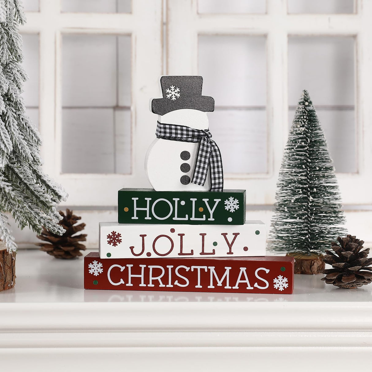 Christmas Decorations-4 PCS Wooden Block Sign-Classic Red White Green Christmas Ornaments for Home Shelf Mantel Fireplace Table Windowsill Decor Buttools