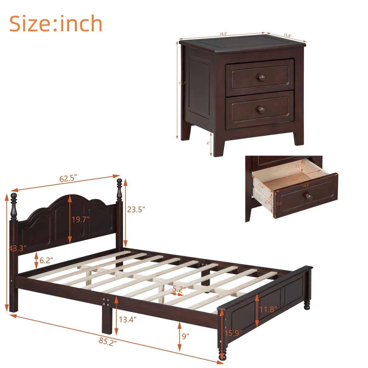 Harper & Bright Designs 3-Piece Queen Size Wood Platform Bed Set with Nightstands in Dark Walnut Harper & Bright Designs