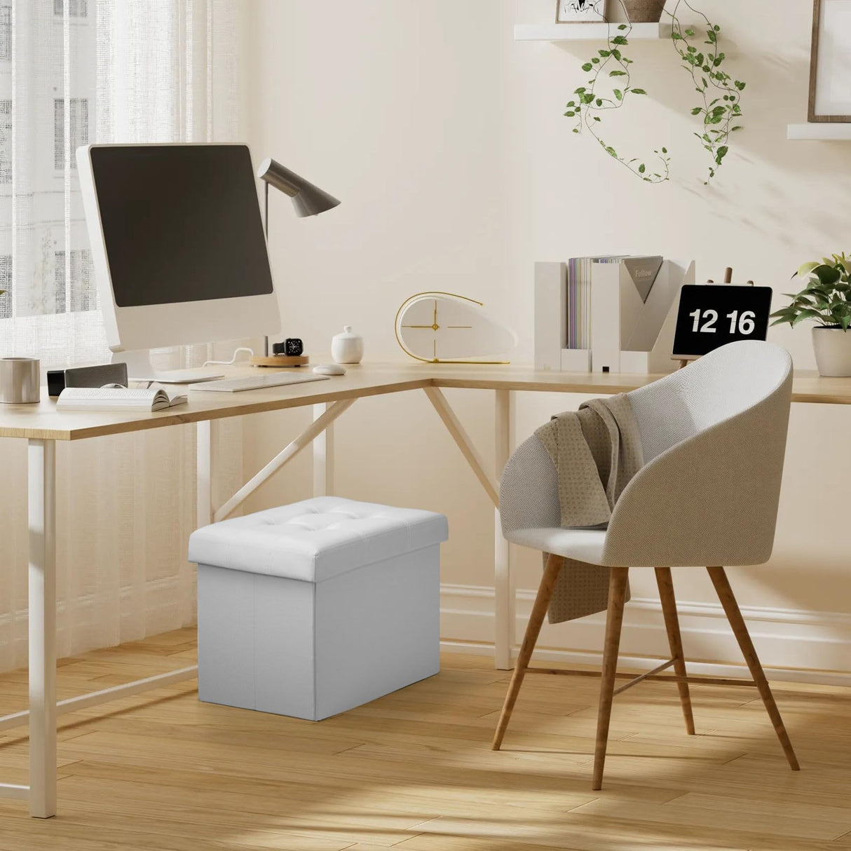 Bsketa Folding Storage Ottoman, Foot Stool with Thicker Foam Padded Seat Small Leather Storage Ottoman Bench Foot Rest for Living Room Foldable Coffee Table 17x13x13in,White Bsketa