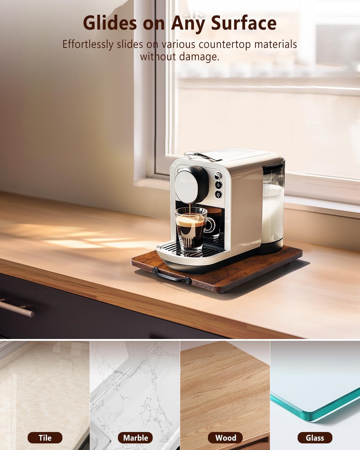 Evermagin Appliance Slider, Sliding Tray for Coffee Maker, Coffee Pot Slider Tray for Countertop, Kitchen Appliance Rolling Tray with Rubber Wheels (Rustic Brown, Medium - Long (9.5” X 13”)) Evermagin