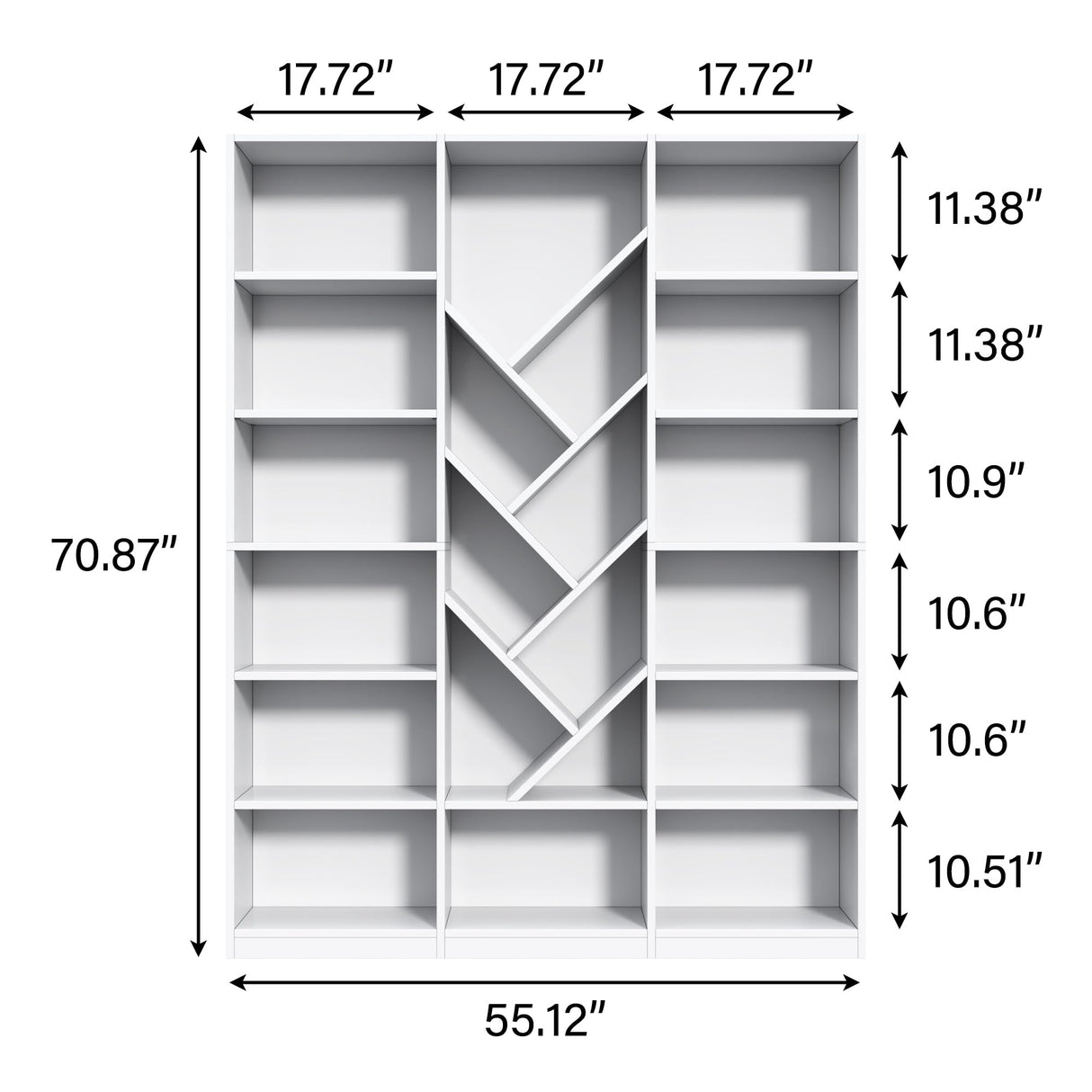 Nosepen 71" White Bookshelf, 6-Tier Floor Standing Bookcase with 13 Square Storage, Tall Bookshelf with Adjustable Shelves, Modern Tree Style Display Organizer for Office, Living Room, Library, White Nosepen