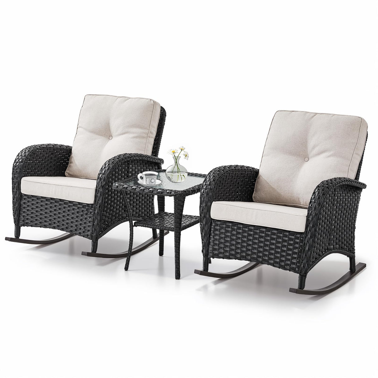 Belord Patio Rocking Chairs Wicker Set - Outdoor Rocking Chairs Set of 2 with Side Table, 3 Piece Patio Rocker Furniture Set with Water-Resistant Cushions for Porch Balcony Backyard Black Belord