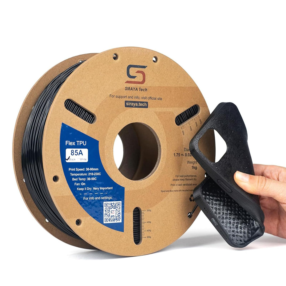 Siraya Tech Flex TPU Filament - 85A Shore, ISO 10993, High Flexibility & Toughness, High Flow & Speed, Easy to Print, Moisture-Resistant Aluminum Bag - Ideal for Footwear, Protective Gear (Black, 1kg) Siraya Tech