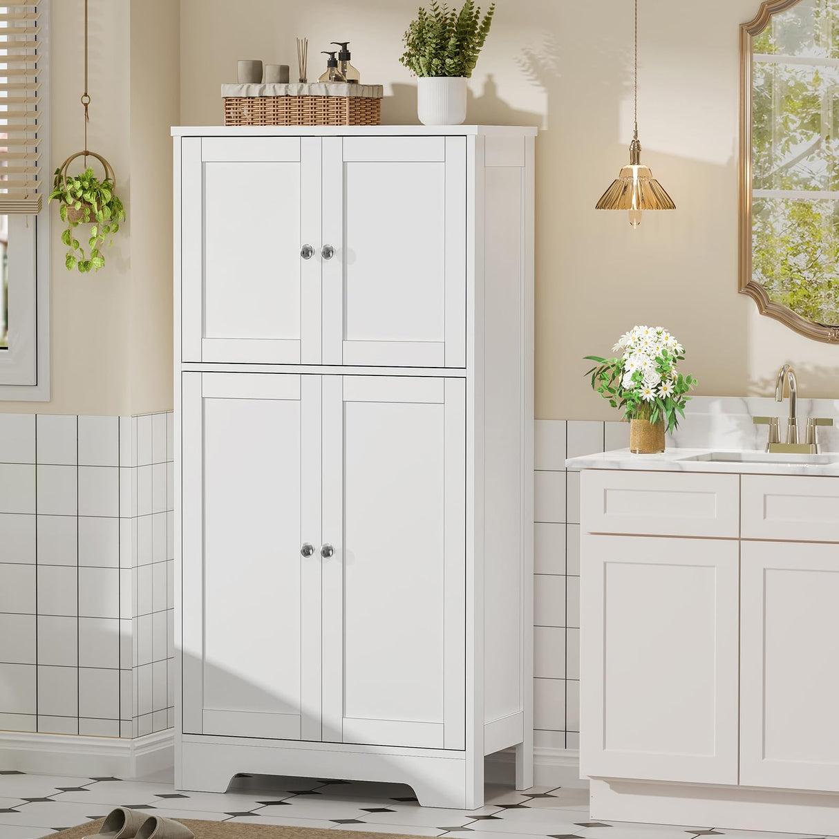 TEENFON Bathroom Floor Storage Cabinet, Freestanding Bathroom Storage Unit with 2 Adjustable Shelves & 4 Doors, 11.8 x 23.6 x 42.7 Inches, White TEENFON