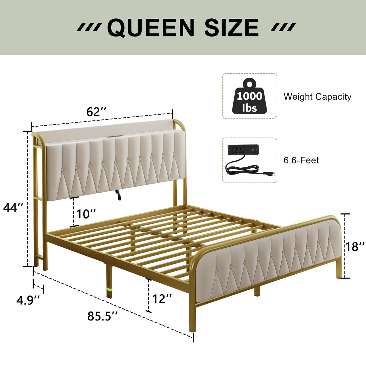 Feonase Velvet Queen Bed Frame with Fast Charging Station,Metal Platform Queen Size Beds with Upholstered Headboard & Footboard,12" Underbed Storage Space,Easy Assembly,Gold&Beige Feonase