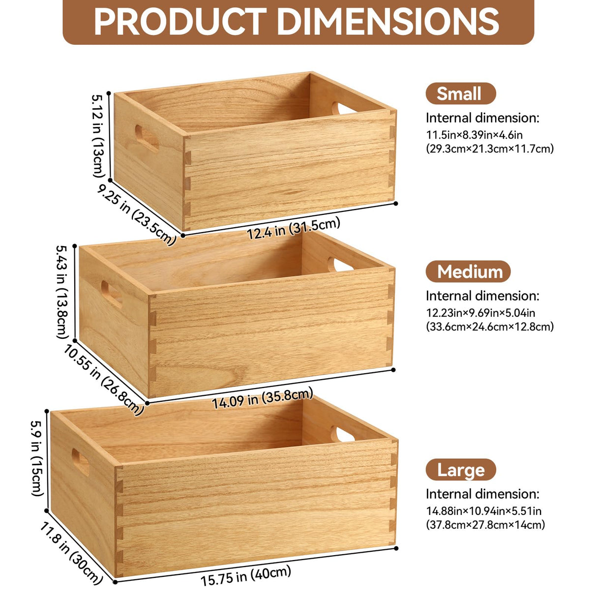 KIRIGEN Nesting Wood Crates with Handles Set of 3 - Farmhouse Decor Wooden Storage Containers/ Portable Rolling Tray Basket/ Crates Decorative Boxes Natural 3TH-NA KIRIGEN