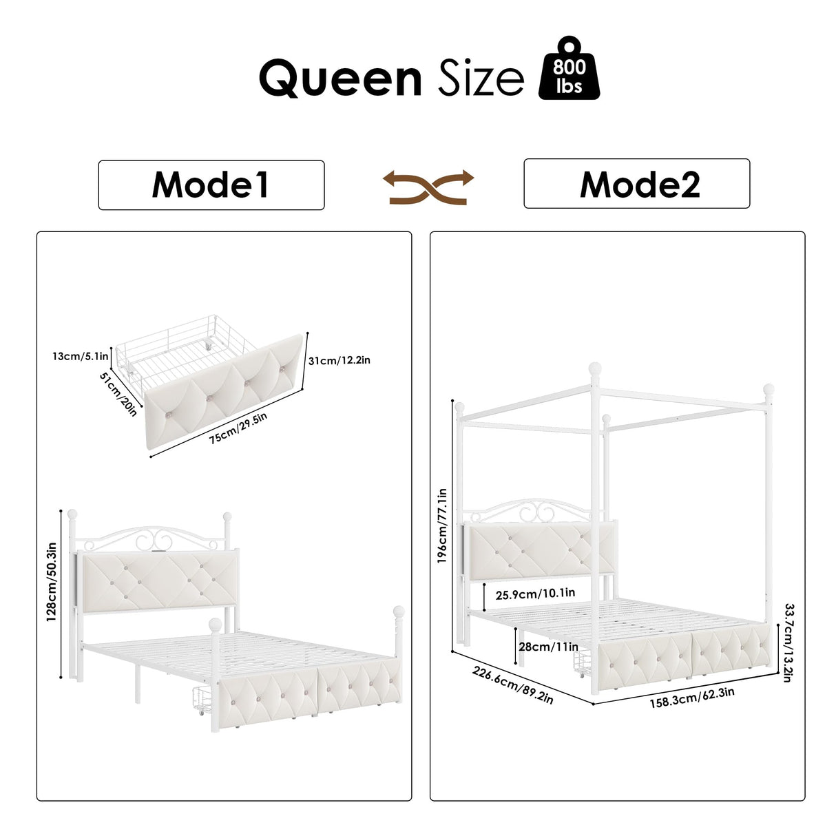 Queen Upholstered Canopy Bed Frame with 2 Drawers & Crystal Tufted Storage Headboard Metal Platform Bed with Charging Station & 4 Removable Posts No Box Spring Needed Curtain Not Included, Beige Keyluv