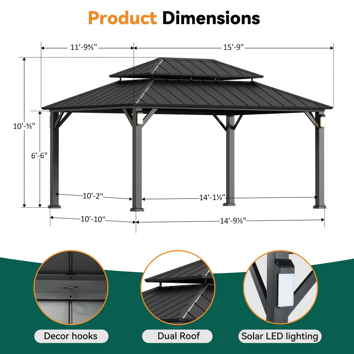 Modern Shade The Horizon Permanent Hardtop Gazebo 12' x 16' w/ 4 LED Lights, Outdoor Gazebo w/Galvanized Steel Double Roof, Patio Pavilion w/Decor Hooks, Mosquito Nettings, Black Modern Shade Outdoor Living Spaces