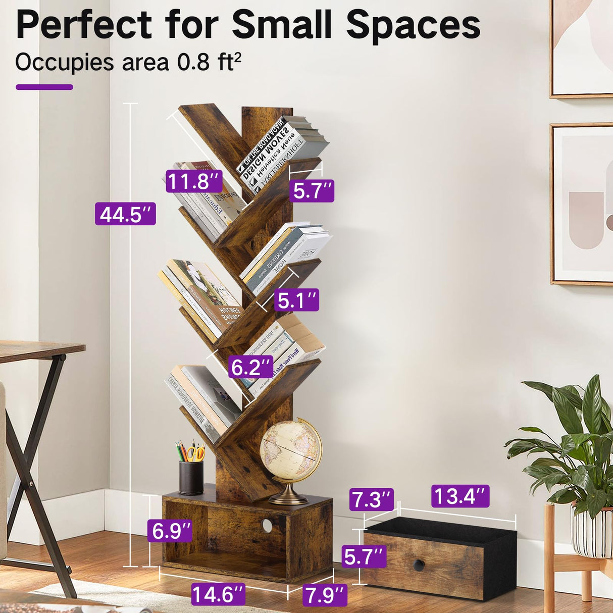OUTONLIFE Tree Bookshelf with Drawer, 6 Tier Book Shelves, Narrow Floor Standing Bookcase, Corner Book Storage Rack for CDs/Movies/Books, Wood Bookshelves for Living Room, Home Office, Bedroom OUTONLIFE