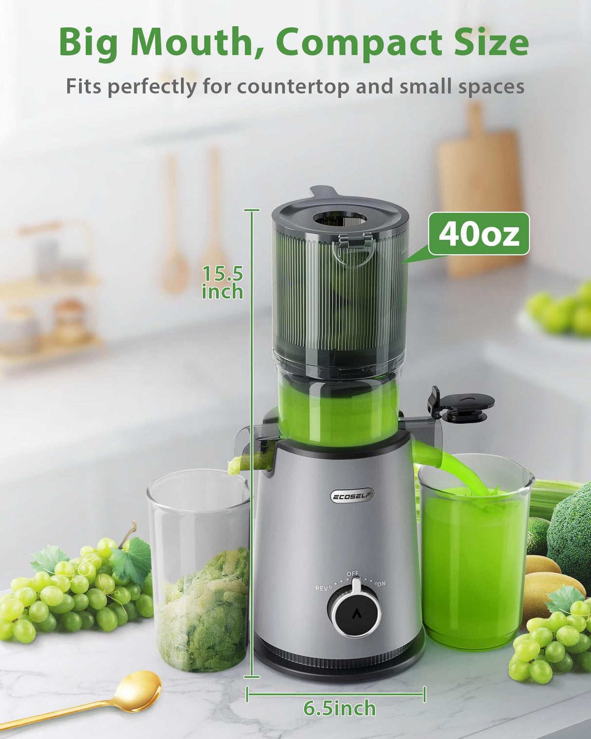 Cold Press Juicer, ECOSELF Slow Masticating Juicer with 4.35" Large Feed Chute Fit Whole Fruits & Vegetables, Self Feeding for Juice Extractor Machine, Easy to Clean and Assemble, High Juice Yield ECOSELF