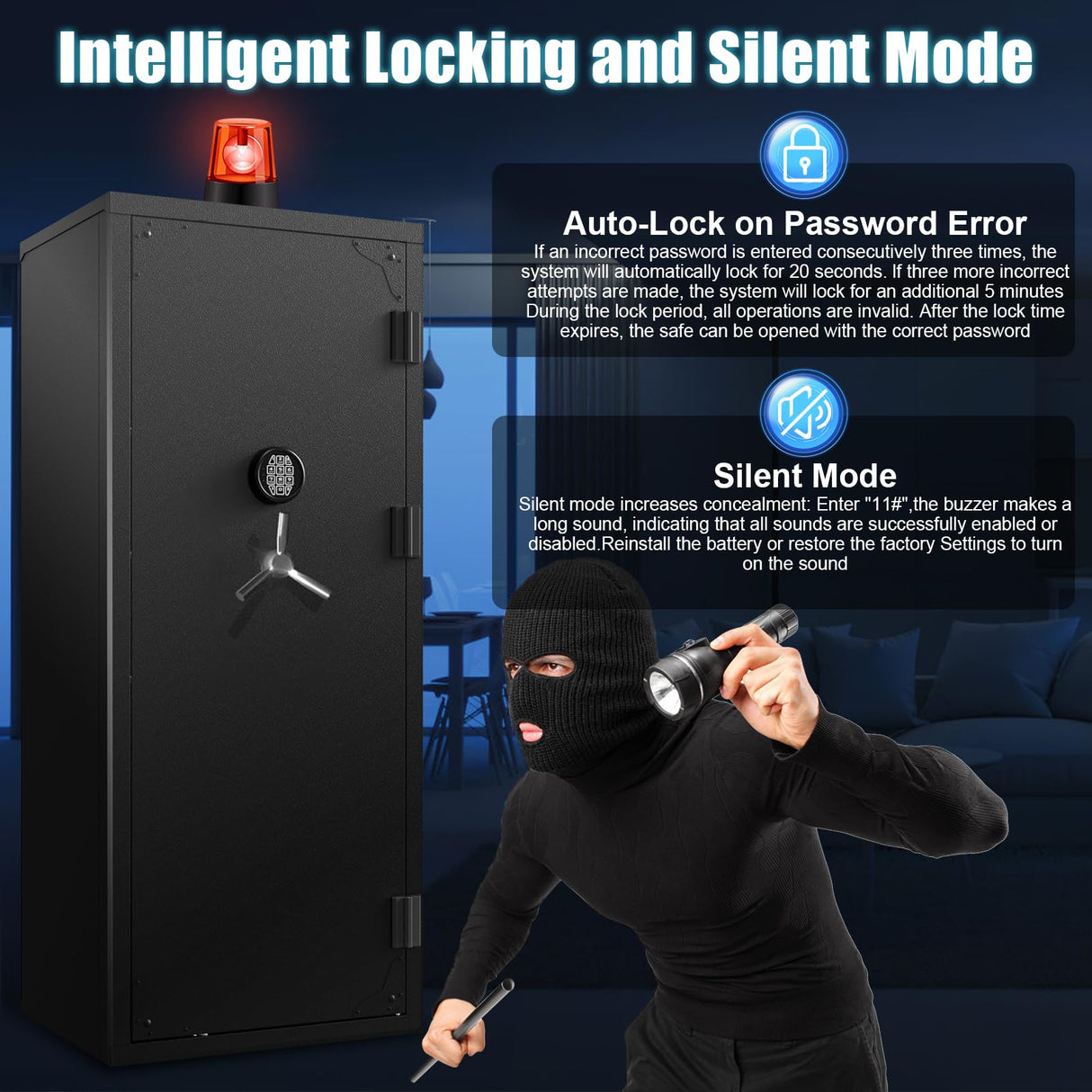 Large Rifle Safe, 30 Gun Safe for Rifle and Shotgun/Rifle Pistol Rack/Storage Pocket/Removable Shelf/Silent Mode/External Battery/Key/LED,180° Open Door Panel Organizer Unassembled Gun Safe TTSITG