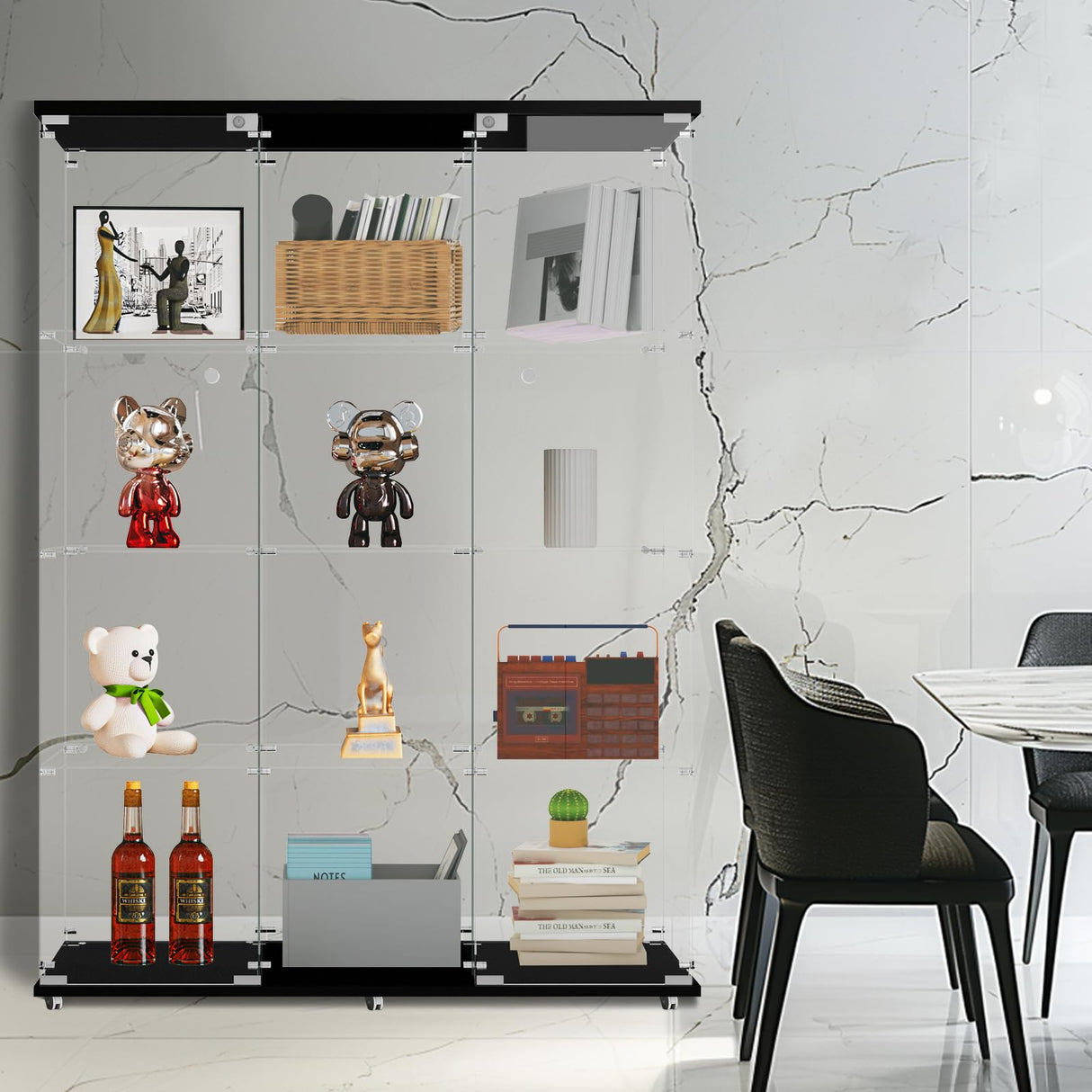 3-Column Display Cabinet with Glass Door and Lock, 12-Shelf Fast Installation in 30Mins Curio Cabinet with 5mm Tempered Glass Floor Standing Bookshelf for Bedroom, Living Room, 65'' x32'' x14'', Black GDJAASJI