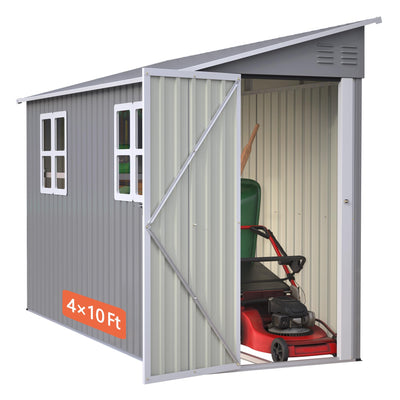 4x10 Ft Outdoor Heavy-Duty Shed, Metal Lean to Shed with Floor Kit and 2 Windows for Tools, Bikes, Patio Equipment, with Left/Right Door Options