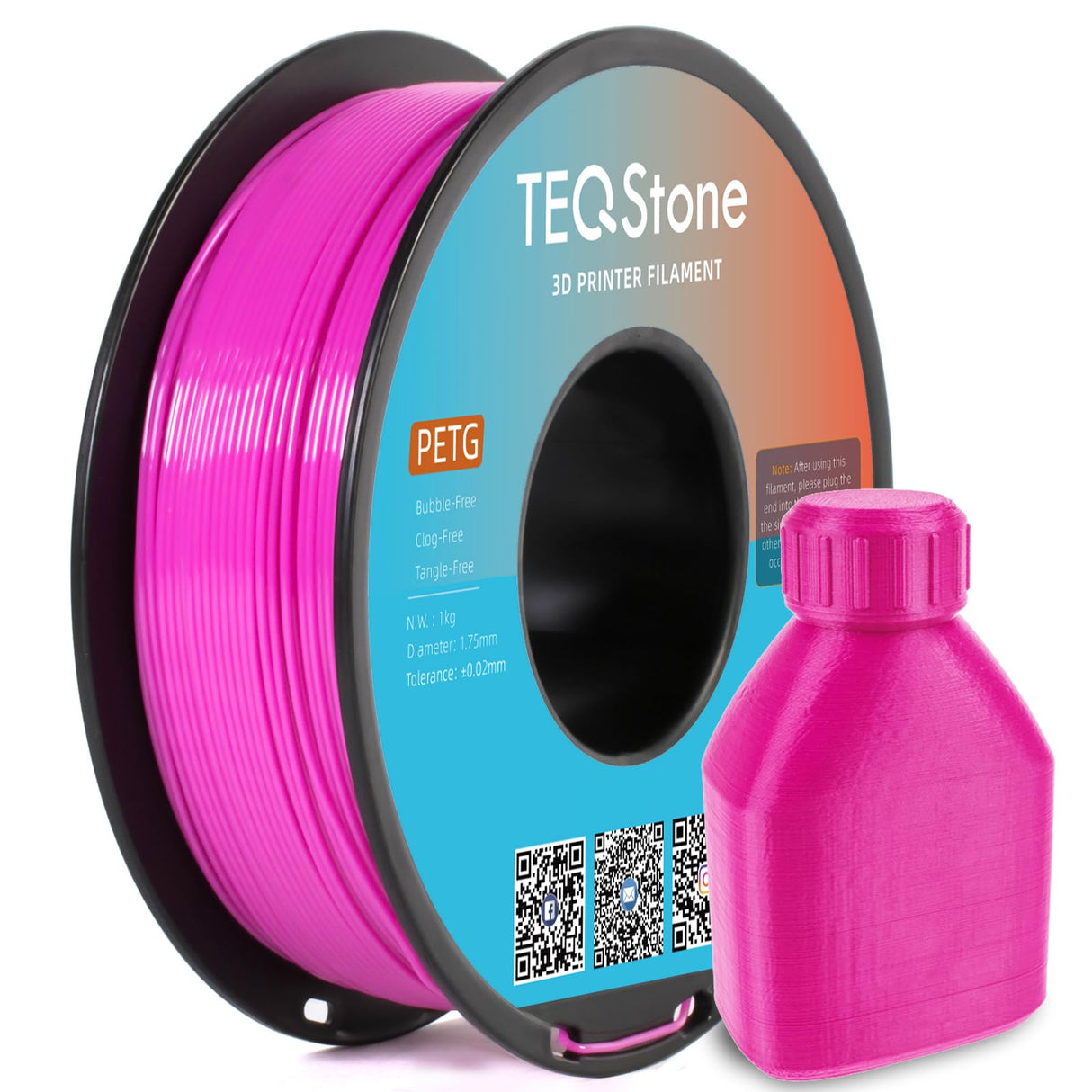 TEQStone PETG Filament 1.75mm Pink Magenta 1KG Spool, Consistent Diameter +/-0.02mm 3D Printer Filament Vacuum Packaging TEQStone