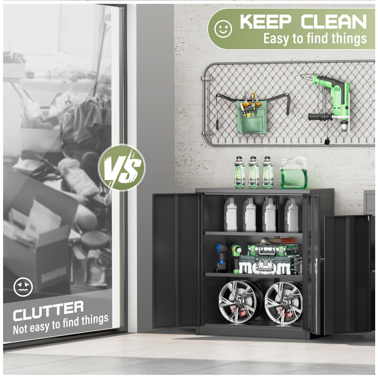 Oakcloud Metal Storage Shed Cabinet Tool Organizer, 36" Lockable Garage Storage Cabinets Tool Shed with 2 Doors and 2 Adjustable Shelves, Locking File Cabinet (36“-Black) Oakcloud