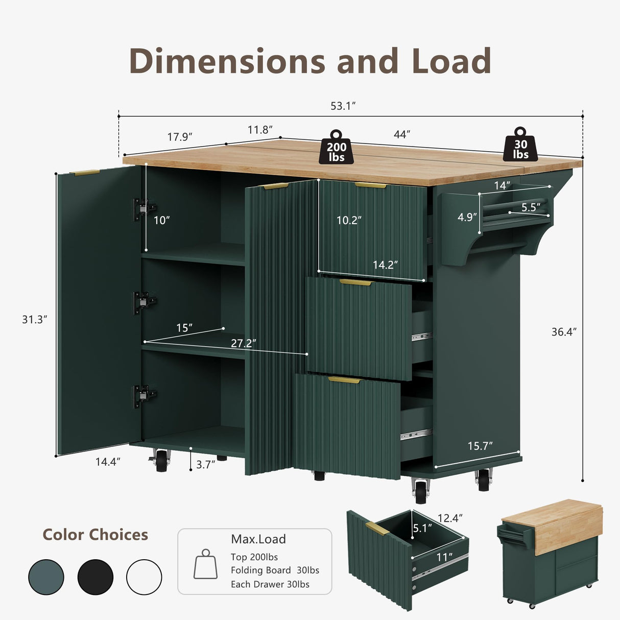 win2win Rolling Kitchen Island with Storage, Portable Kitchen Island with Drop Leaf Breakfast Bar, Modern Farmhouse Kitchen Cart on Wheels with Fluted Design, Towel Rack, Spice Rack, Olive Green win2win