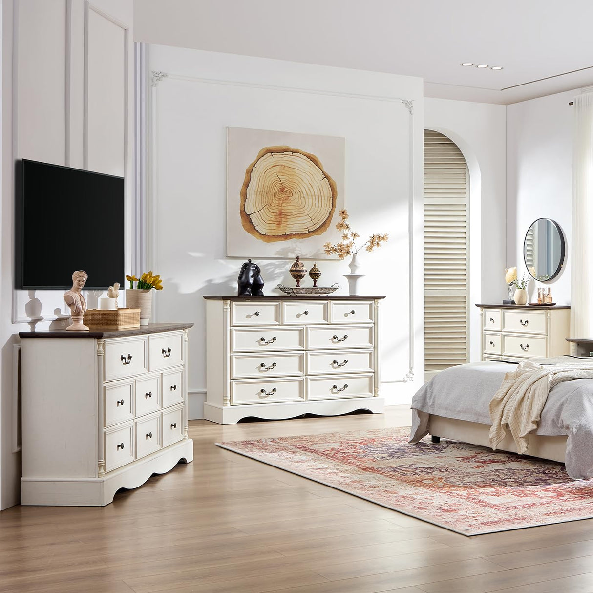 6 Drawers Dresser, Farmhouse Chest of Drawers with Charging Station, Distressed Finish Design, Modern Storage Dressers Organizer TV Stand for Bedroom, Living Room, Hallway, Antique White LegacyAmerhome