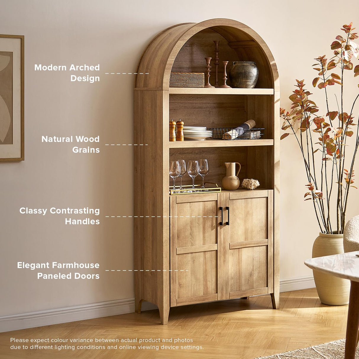 mopio Lauren 77.4" Tall Arched Cabinet, 5-Tier Arched Bookcase with Doors and Adjustable Shelves, Arch Bookshelf with Storage, Wooden Storage Cabinet for Living Room and Kitchen Pantry (Oak) mopio