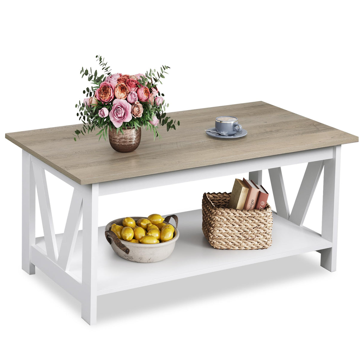 WLIVE Coffee Table with Storage Shelf, 39.4" Farmhouse Coffee Table with V-Frame Support, 2-Tier Wood Rustic Center Table for Living Room, Bedroom & Balcony, Greige & White WLIVE