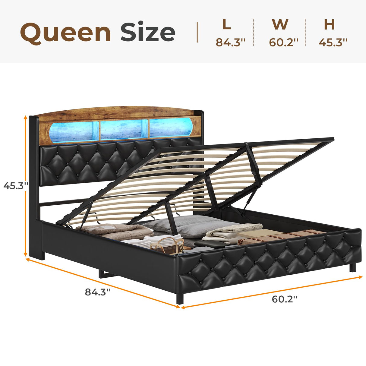 ADORNEVE Queen Bed Frame with LED Headboard, Hydraulic Lift Storage, and Built-in Charging Station in PU Black ADORNEVE