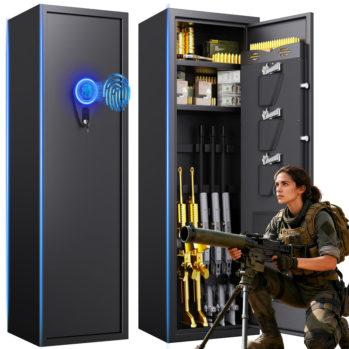 10-12 Gun Safe,Gun Locker Fingerprint,Gun Safe Biometric,No Assembly,Removable Shelf for Rifles Safes,Gun Cabinet Long With Led Light,57"H X 14"W X12"D TXTDPL