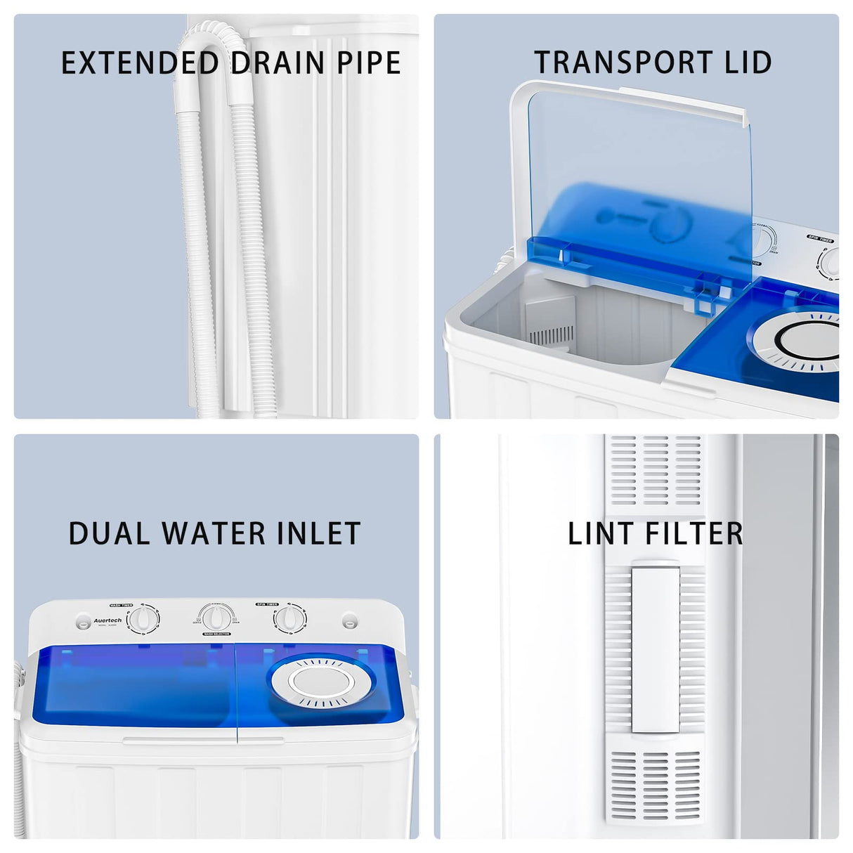 Auertech Portable Washing Machine, 28lbs Twin Tub Washer Mini Compact Laundry Machine with Drain Pump, Semi-automatic 18lbs Washer 10lbs Spinner Combo for Dorms, Apartments, RVs Auertech