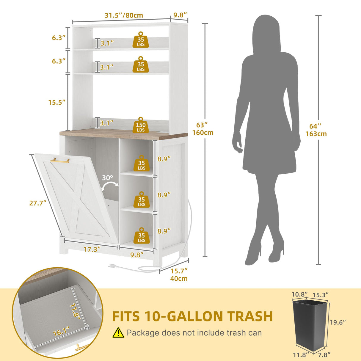 DWVO Bakers Rack Microwave Stand Cabinet with Trash Can Bin Cabinet and Power Outlet 6-Tiers Farmhouse Kitchen Tall Thickened Coffee Bar Table Station with Storage Shelf, White DWVO