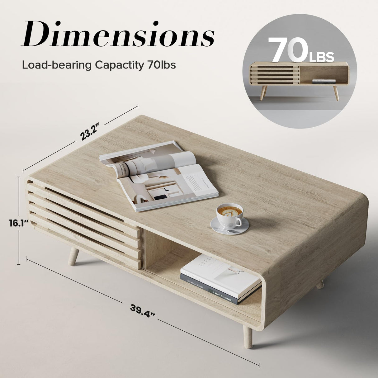 Easyego Coffee Table with Storage, Mid Century Modern Coffee Table for Living Room, Farmhouse, Rectangle Coffee Table, Wooden Center Table (Oak) Easyego