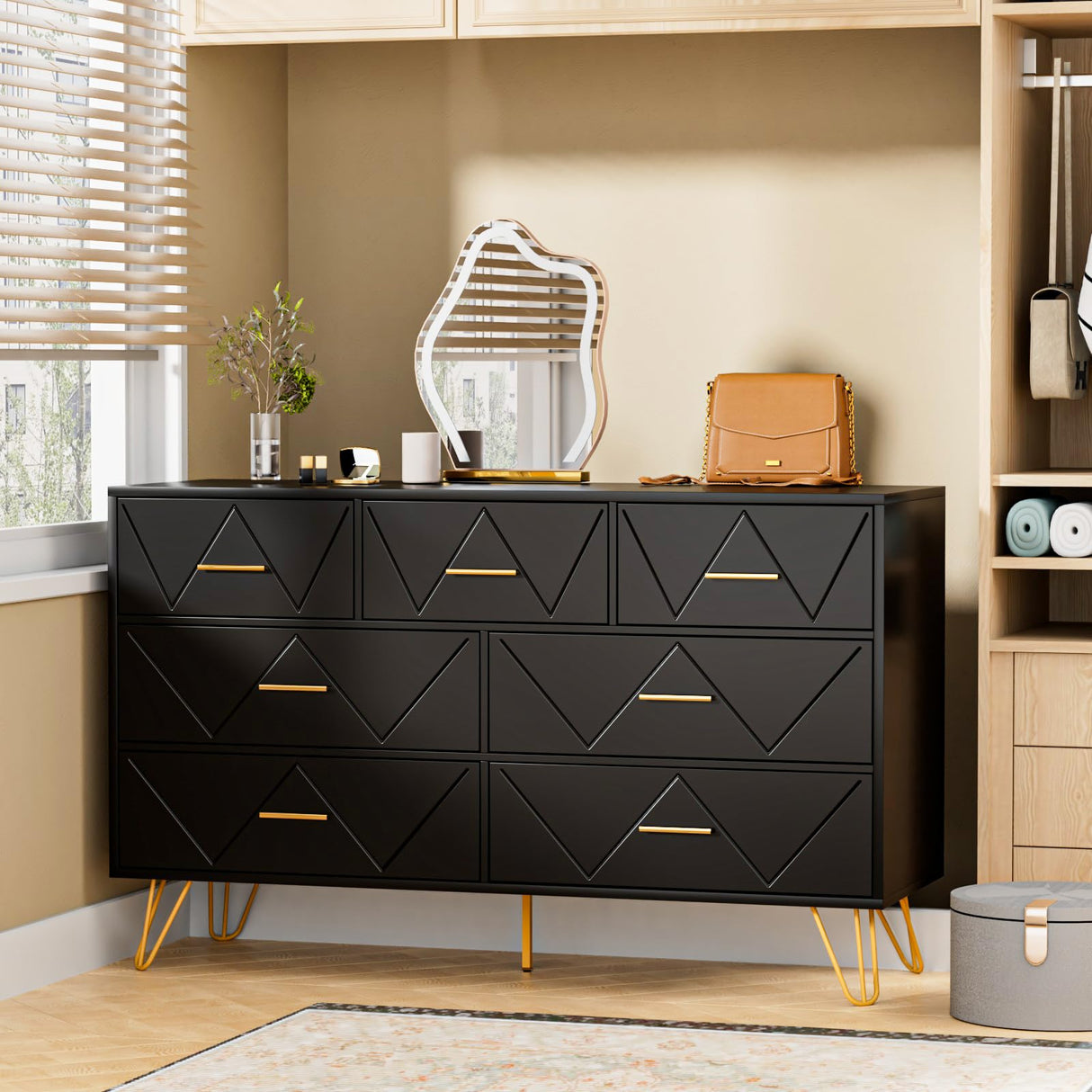 JOZZBY Dresser for Bedroom, 7 Drawer Black Wooden Dresser with Gold Handles, Modern Storage Dressers & Chests of Drawers for Hallway, Entryway JOZZBY