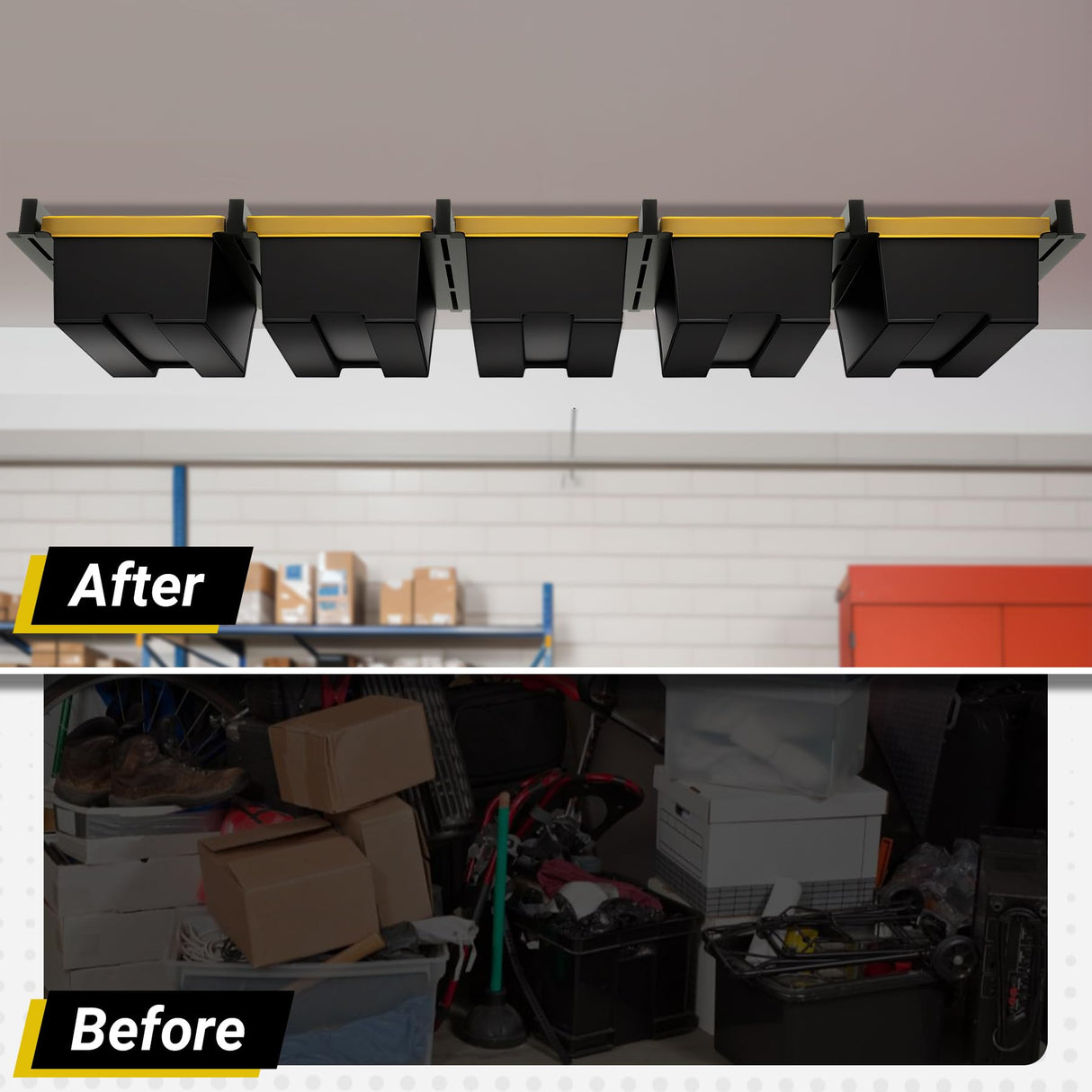 Eastrexon 5-bin Overhead Garage Storage Rack, Heavy Duty Ceiling Storage Racks, Powder Coated Tote Storage Rack for Garages, Sheds, Storerooms (6 PCS, for 5 Bins) Eastrexon