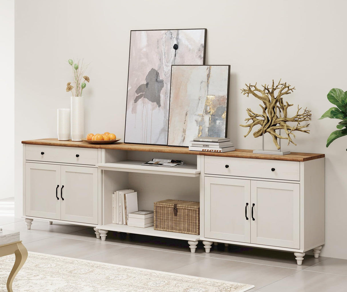 WAMPAT Farmhouse TV Stand for TVs up to 100'', Home Entertainment Center with 8 Storages for 75/80/85/90 inch TV, Large TV Console Table for Living Room, Bedroom, White WAMPAT