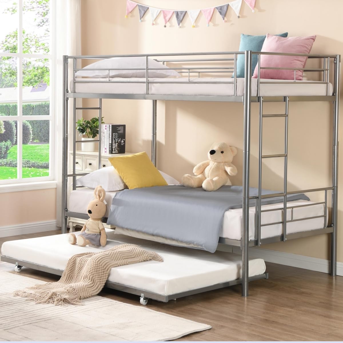 Heavy Duty Metal Bunk Bed Twin Over Twin for Kids Adults, Modern Twin Over Twin Bunk Bed with Trundle, Latest Version Twin Size Bunk Beds Frame, Convertible Bunkbed with Safety Guard Rails (Silver) FUSVZ