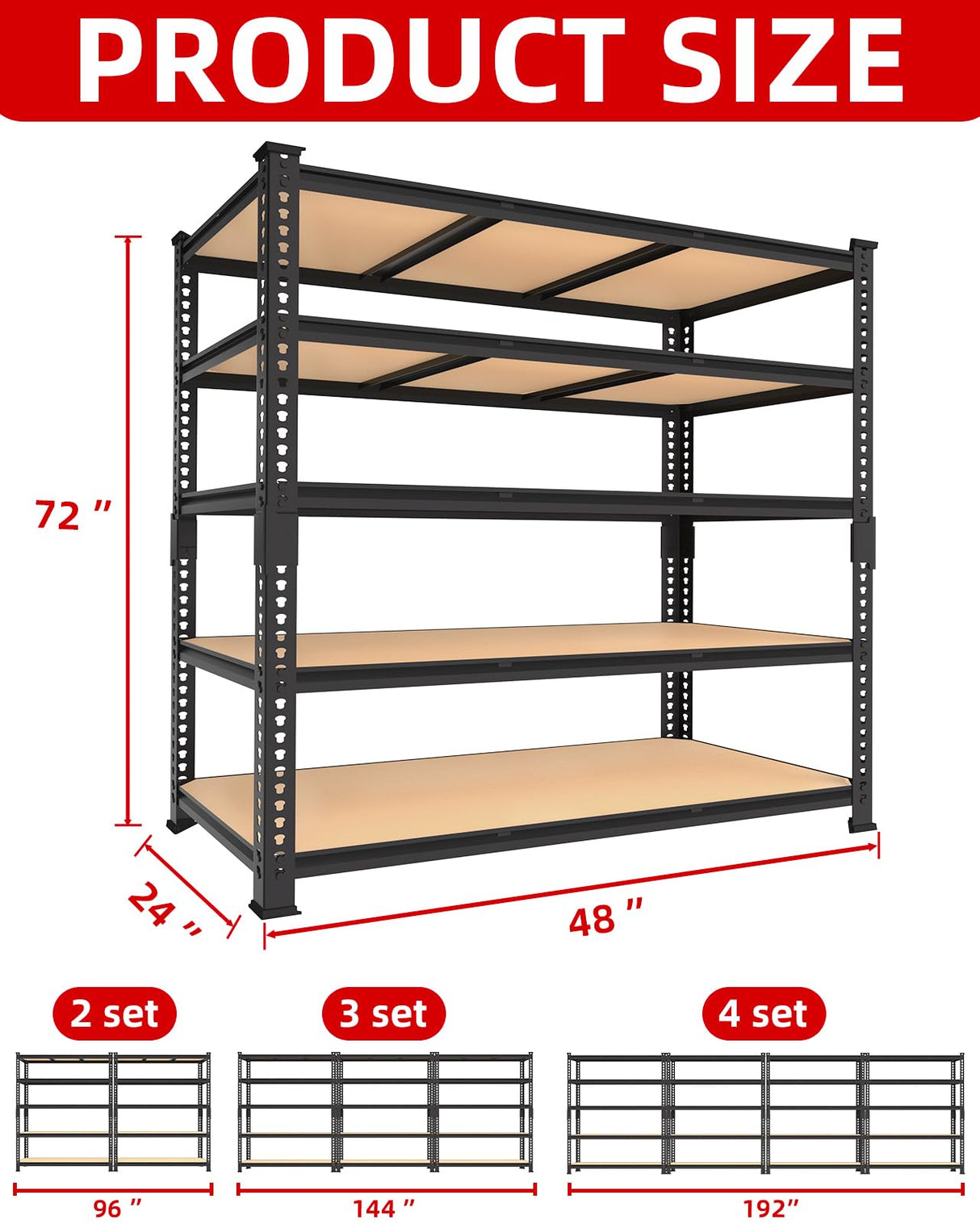 PrimeZone Heavy Duty Garage Storage Shelves - 48" W X 24" D X 72" H Adjustable Metal Shelving Unit, 5 Tier Industrial Shelves for Storage Standing Utility Rack for Warehouse, Pantry, Basement, Black PrimeZone