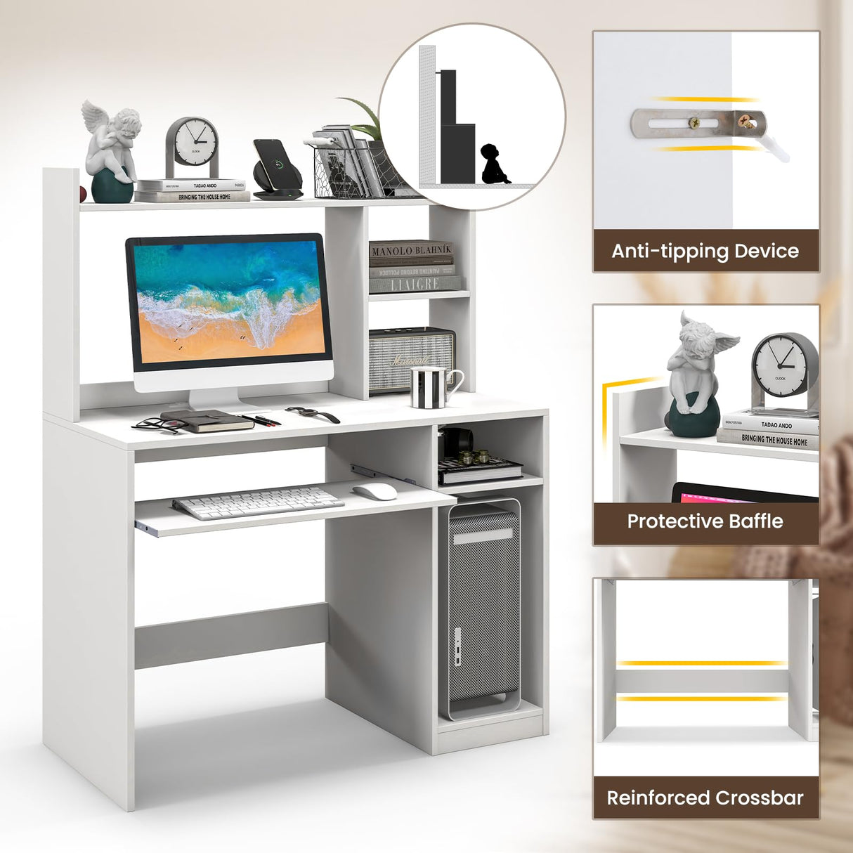 Giantex 43.5" Modern Computer Desk with Power Outlet, Keyboard Tray & Storage for Home Office Giantex